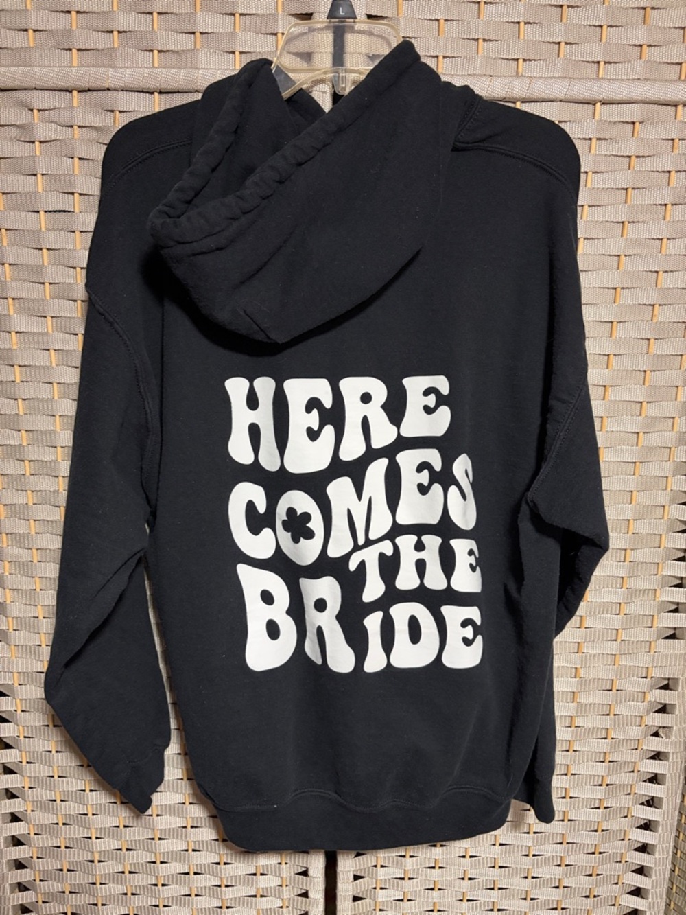 Bridal Black Hoodie with "Here Comes The Bride" White Graphic
